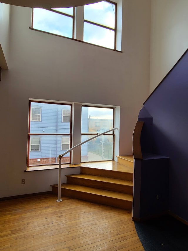 staircase featuring a high ceiling, a healthy amount of sunlight, and hardwood / wood-style floors