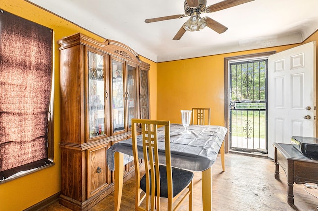 dining area featuring hardwood / wood-style flooring and ceiling fan