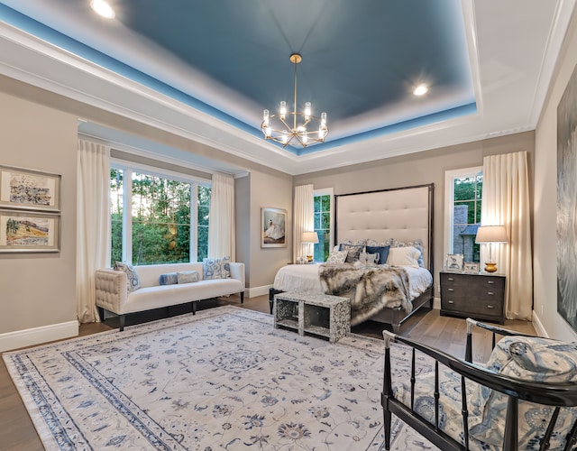 4701 Pinnacle Blvd, Rochester, MI 48306 - bedroom featuring a chandelier, a tray ceiling, baseboards, wood finished floors, and recessed lighting