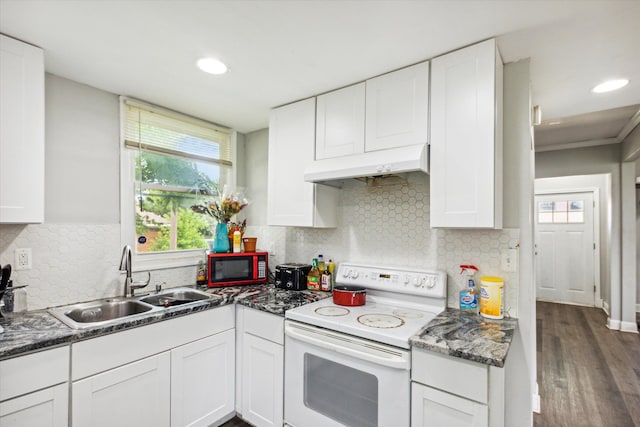 3738 Montgomery Ave, Detroit, MI 48206 - kitchen featuring white range with electric cooktop, under cabinet range hood, a sink, white cabinets, and recessed lighting
