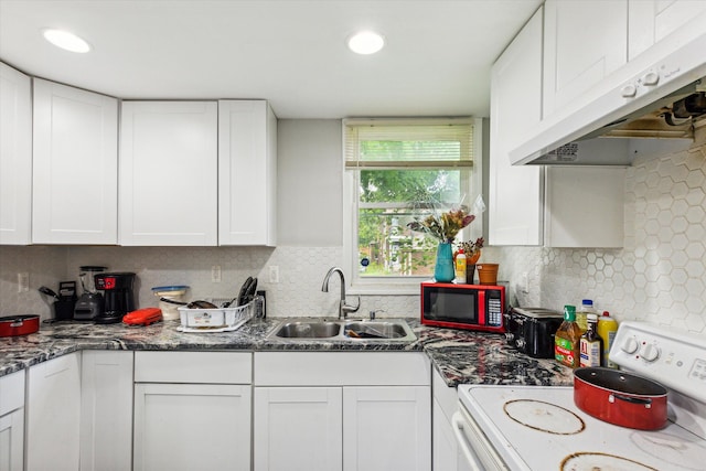 3738 Montgomery Ave, Detroit, MI 48206 - kitchen featuring white electric range, under cabinet range hood, a sink, white cabinets, and recessed lighting