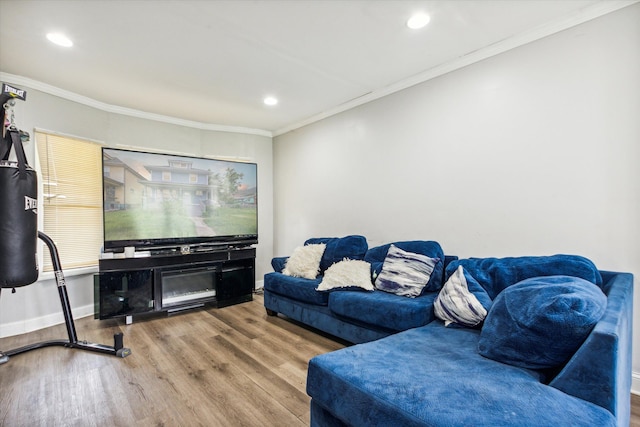 living room with crown molding and hardwood / wood-style flooring