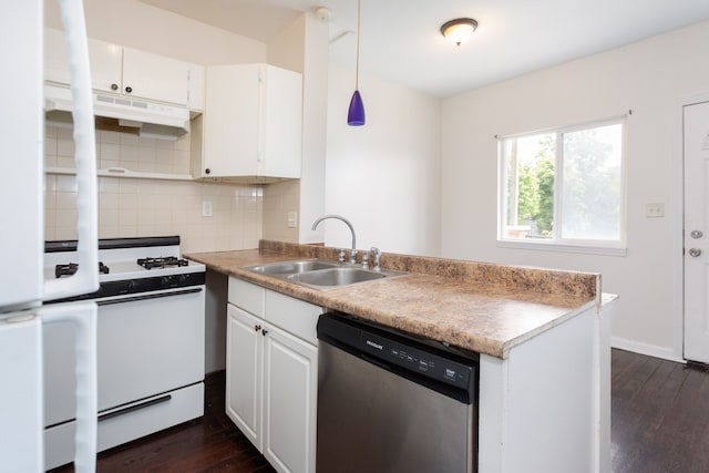 kitchen featuring white cabinetry, pendant lighting, stainless steel dishwasher, and white range