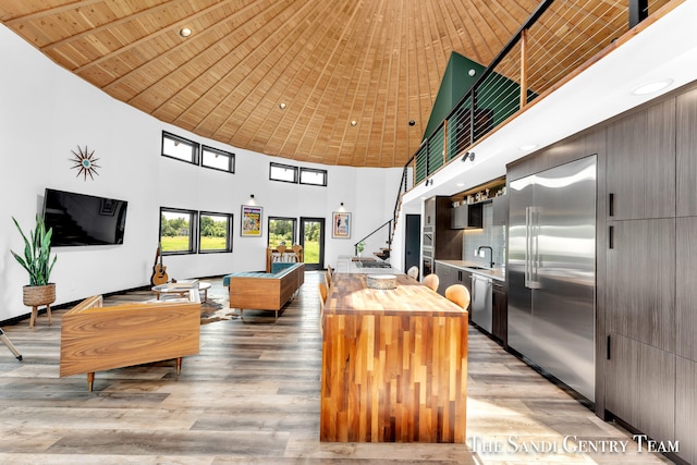 kitchen with light wood-type flooring, a towering ceiling, pool table, butcher block counters, and stainless steel appliances