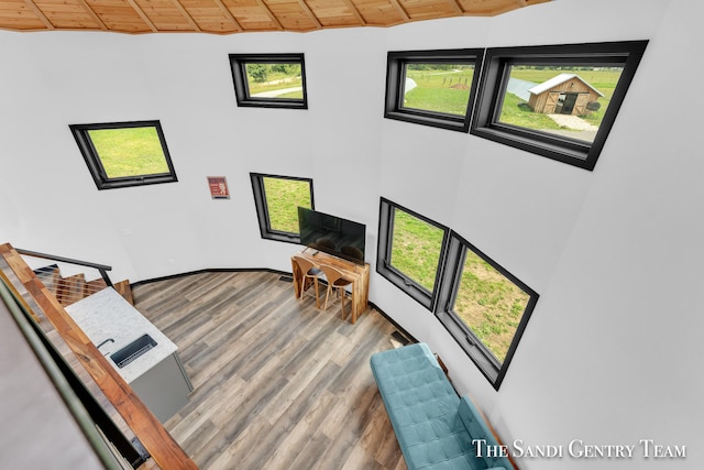 living room with hardwood / wood-style floors, wooden ceiling, and lofted ceiling