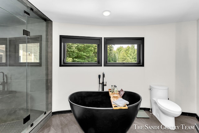 bathroom with separate shower and tub, plenty of natural light, and toilet