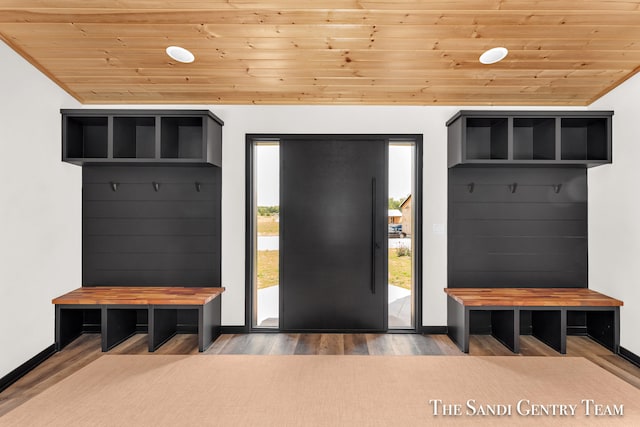 mudroom with hardwood / wood-style floors and wooden ceiling