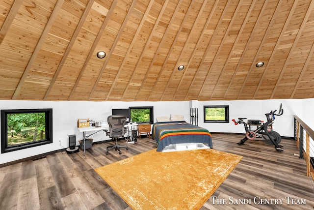 interior space featuring wood-type flooring, lofted ceiling with beams, and wood ceiling