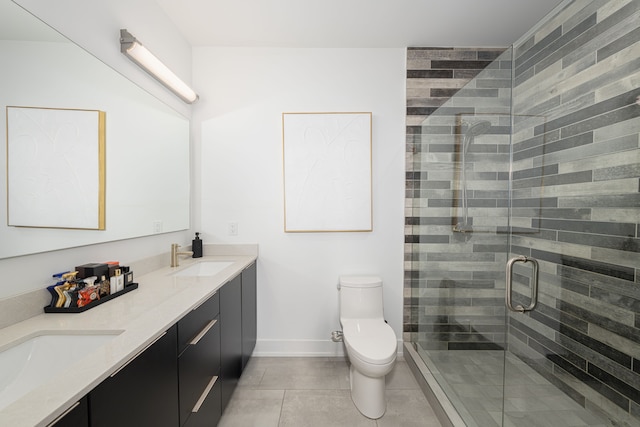 bathroom featuring tile patterned floors, vanity, a shower with shower door, and toilet