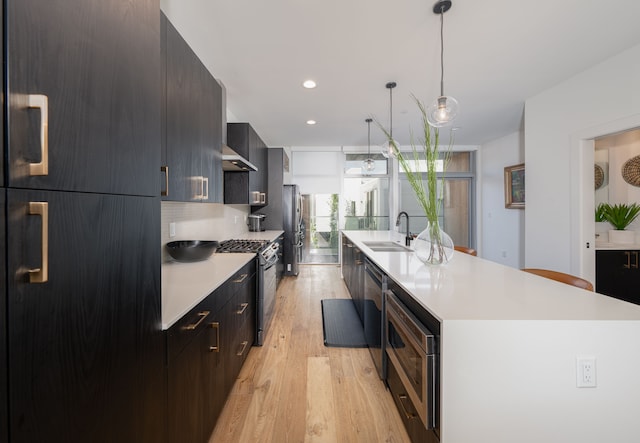 kitchen with sink, hanging light fixtures, stainless steel appliances, an island with sink, and light wood-type flooring