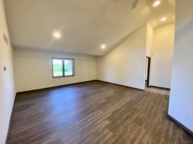 3879 Kochville Rd, Saginaw, MI 48604 - unfurnished room with lofted ceiling, baseboards, recessed lighting, dark wood-style flooring, and a ceiling fan