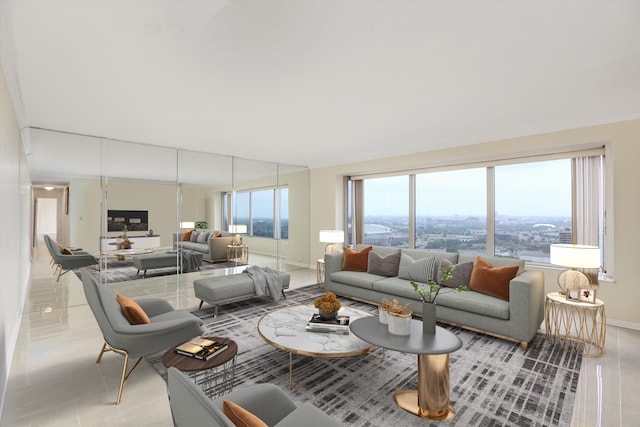 living room featuring light tile patterned flooring