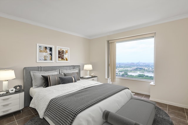 tiled bedroom with crown molding