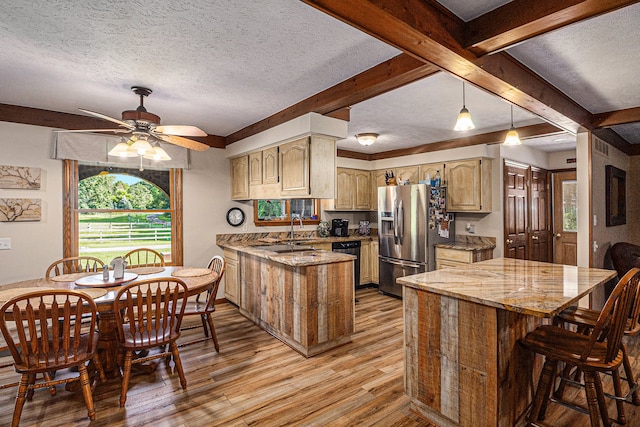 kitchen featuring kitchen peninsula, a textured ceiling, beam ceiling, light hardwood / wood-style flooring, and stainless steel fridge with ice dispenser