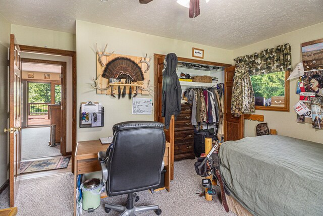10133 W Allen Rd, Fowlerville, MI 48836 - bedroom with carpet flooring, a textured ceiling, a desk, a closet, and ceiling fan