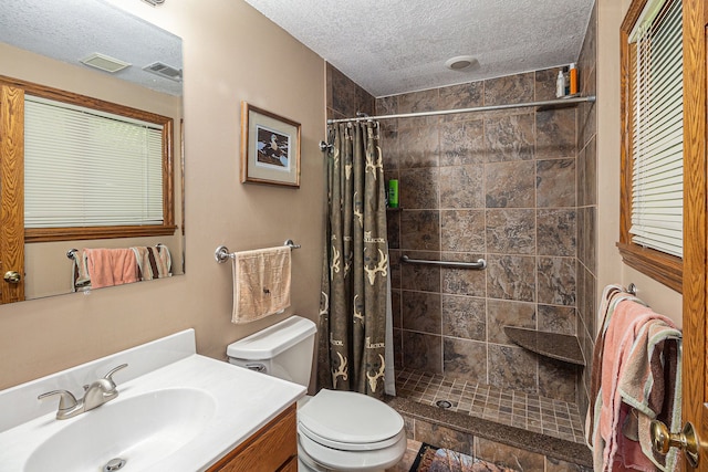10133 W Allen Rd, Fowlerville, MI 48836 - bathroom featuring toilet, a tile shower, vanity, and a textured ceiling