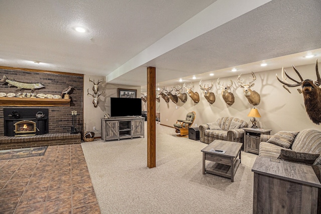 carpeted living room with a textured ceiling and a wood stove