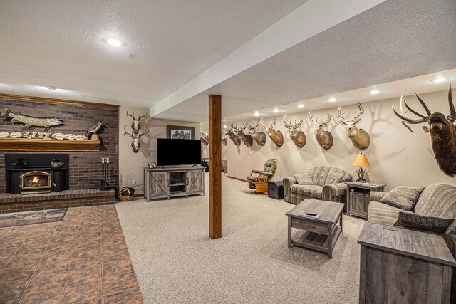 10133 W Allen Rd, Fowlerville, MI 48836 - carpeted living room with a textured ceiling, recessed lighting, and a fireplace