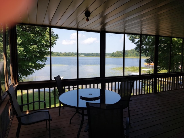 sunroom / solarium with a water view