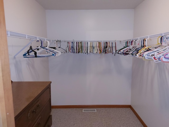 spacious closet featuring light colored carpet