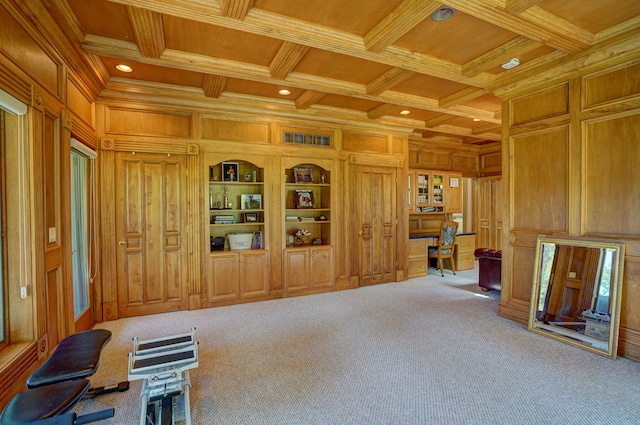 miscellaneous room featuring wooden ceiling, coffered ceiling, wood walls, built in desk, and ornamental molding