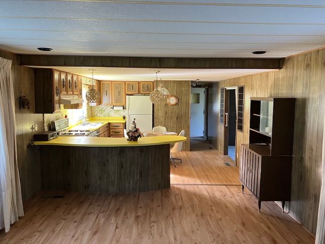 7377 Birch Dr, Port Hope, MI 48468 - kitchen with freestanding refrigerator, under cabinet range hood, light wood-style floors, wood walls, and a peninsula