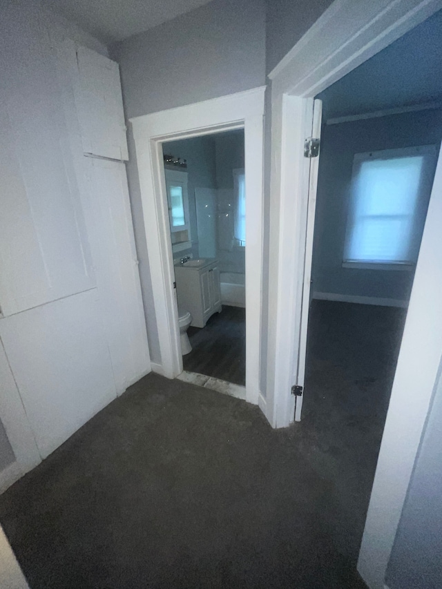 corridor featuring sink and dark carpet