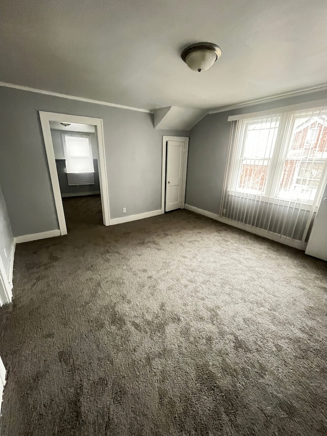additional living space featuring lofted ceiling and dark colored carpet
