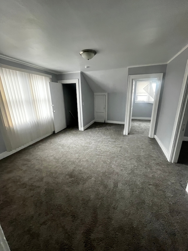 additional living space featuring a healthy amount of sunlight, lofted ceiling, and dark carpet