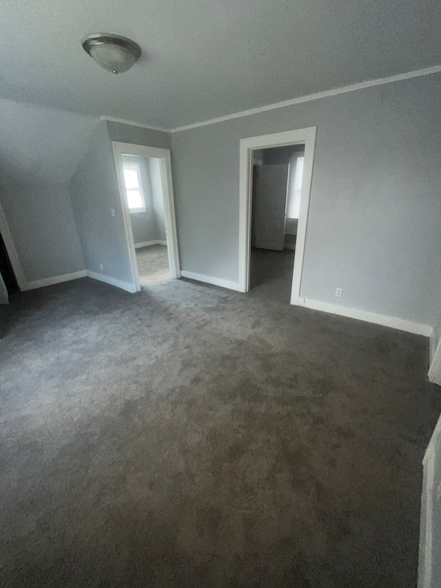 interior space featuring dark colored carpet, a textured ceiling, and lofted ceiling