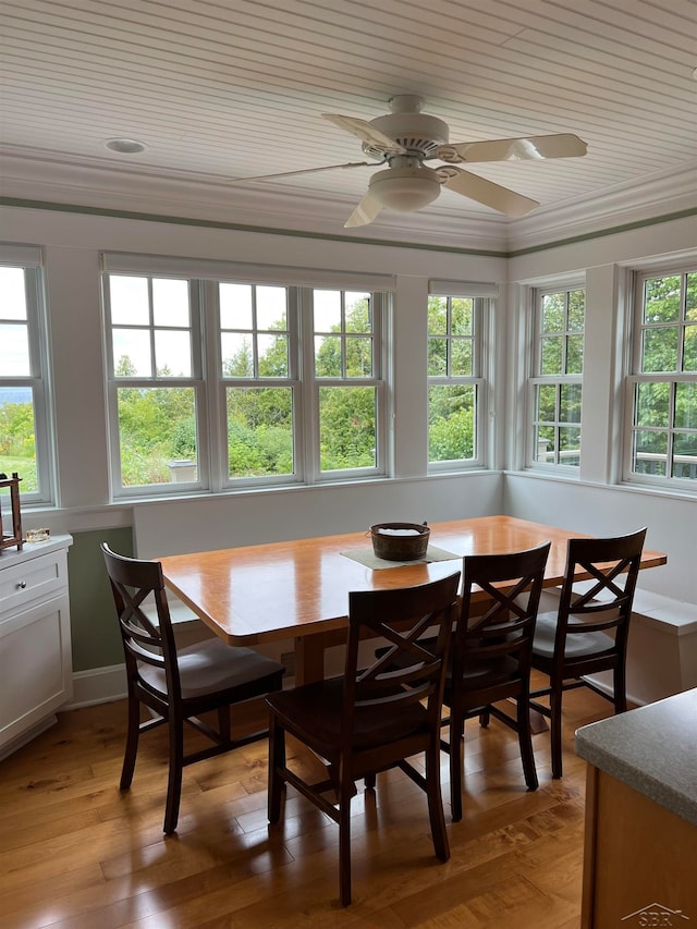 sunroom / solarium with plenty of natural light, ceiling fan, and wooden ceiling