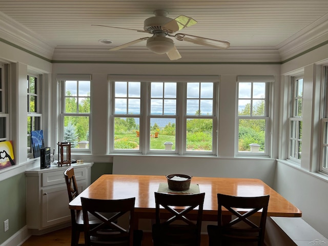 sunroom / solarium with ceiling fan, breakfast area, and a healthy amount of sunlight