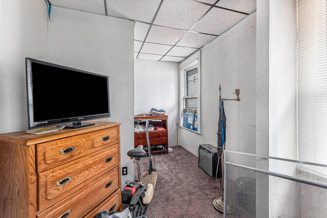 interior space with dark colored carpet and a drop ceiling