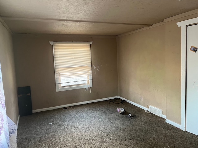 unfurnished room with carpet and a textured ceiling