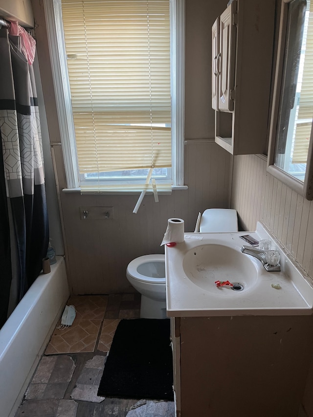 full bathroom featuring vanity, shower / bath combo, and toilet