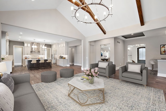 1535 Vista Dr, Oakland, MI 48363 - living room featuring high vaulted ceiling, sink, beamed ceiling, dark hardwood / wood-style flooring, and a chandelier