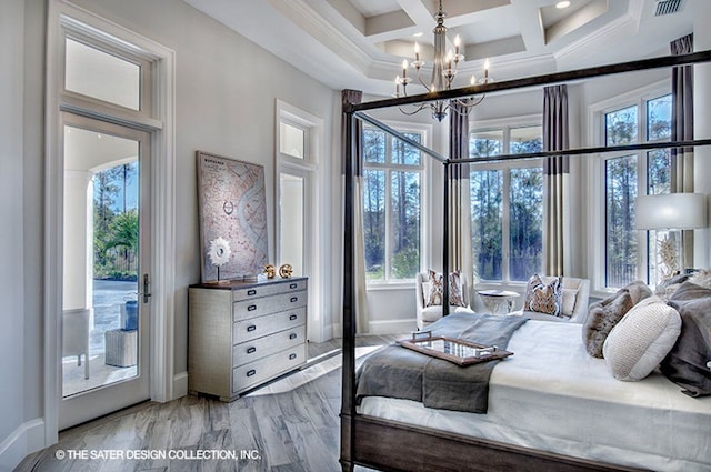 bedroom featuring beam ceiling, multiple windows, coffered ceiling, and access to exterior