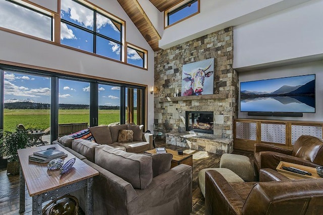 living room with a rural view, a fireplace, and high vaulted ceiling