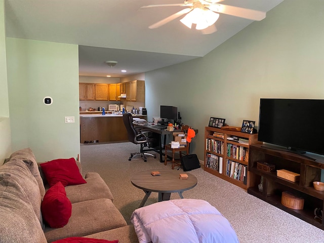 home office featuring carpet flooring and ceiling fan