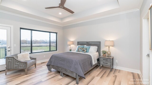 46 Gallery Pointe Dr, Saline, MI 48176 - bedroom with a raised ceiling, light wood-type flooring, access to outside, recessed lighting, and baseboards