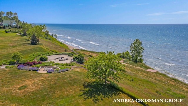 drone / aerial view with a water view