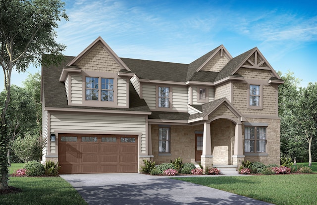 craftsman inspired home featuring a front yard and a garage