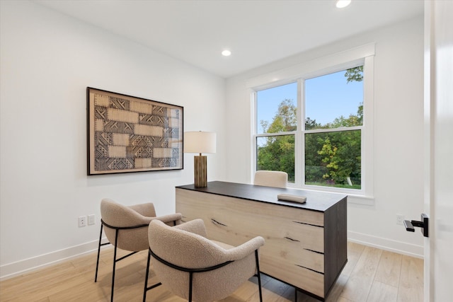 home office with light hardwood / wood-style floors