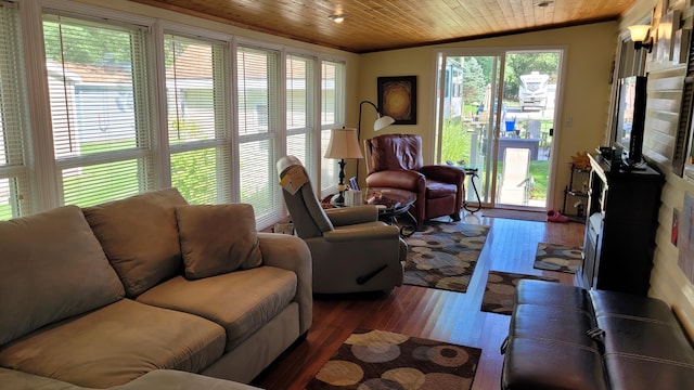 living room with a healthy amount of sunlight, wooden ceiling, and wood-type flooring