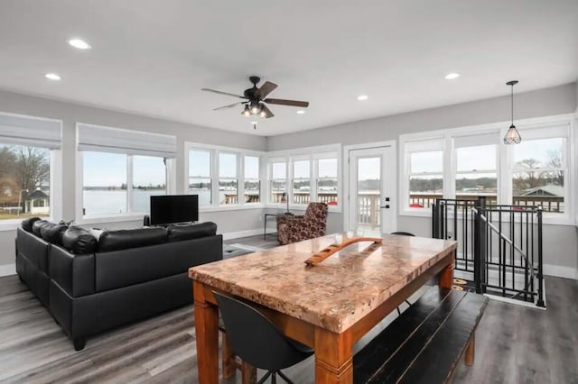 kitchen with a kitchen breakfast bar, dark hardwood / wood-style flooring, hanging light fixtures, and ceiling fan