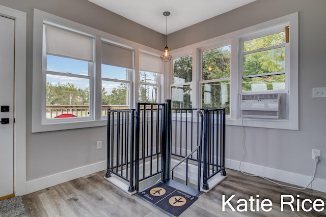 doorway to outside with plenty of natural light, cooling unit, and wood-type flooring