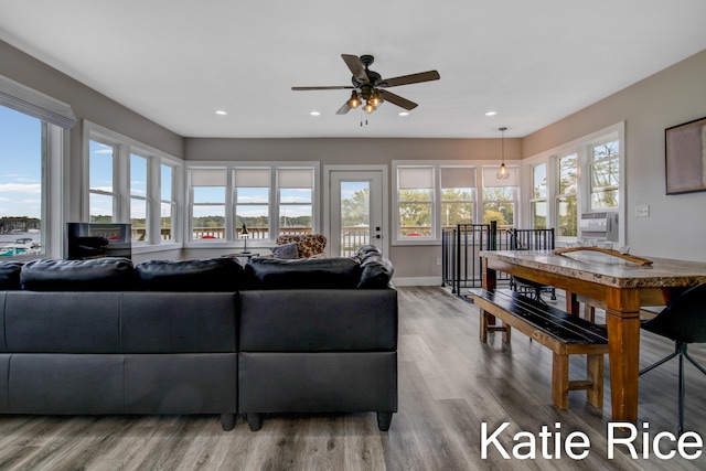 living room featuring wood-type flooring and ceiling fan