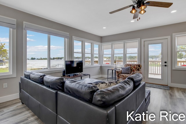 living room featuring ceiling fan and light hardwood / wood-style flooring