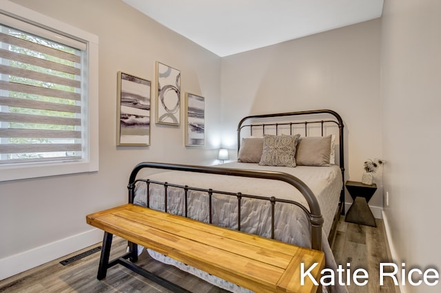 bedroom featuring wood-type flooring and multiple windows