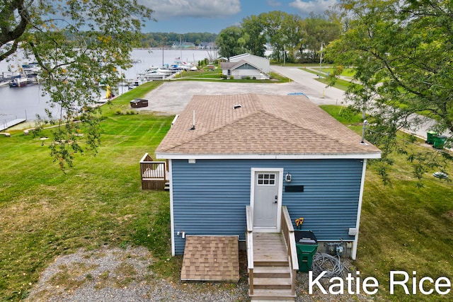 exterior space featuring a water view